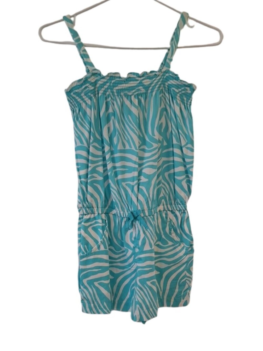 GAP Blue Zebra Cotton Turquoise & White Smocked Kid’s Romper Pockets size L
